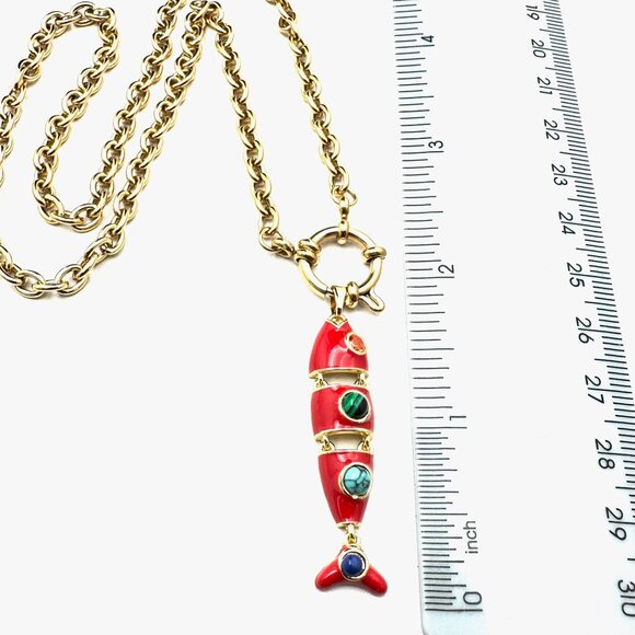 Multi-Gemstone Red Enamel Fish Pendant Necklace 18K Gold Plated Chain 17 Inch - Picture 7 of 9